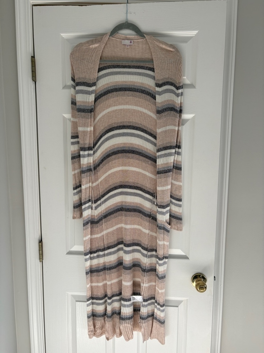 SO Long Striped Open-Front Cardigan in Blush, White & Gray